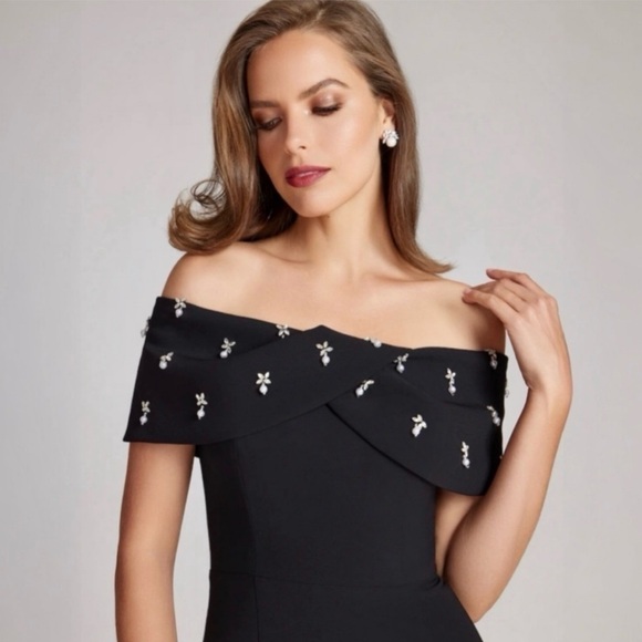 Rickie Freeman For Teri Jon Off-Shoulder Jewel-Embellished Crepe Midi Dress NEW - Picture 8 of 15